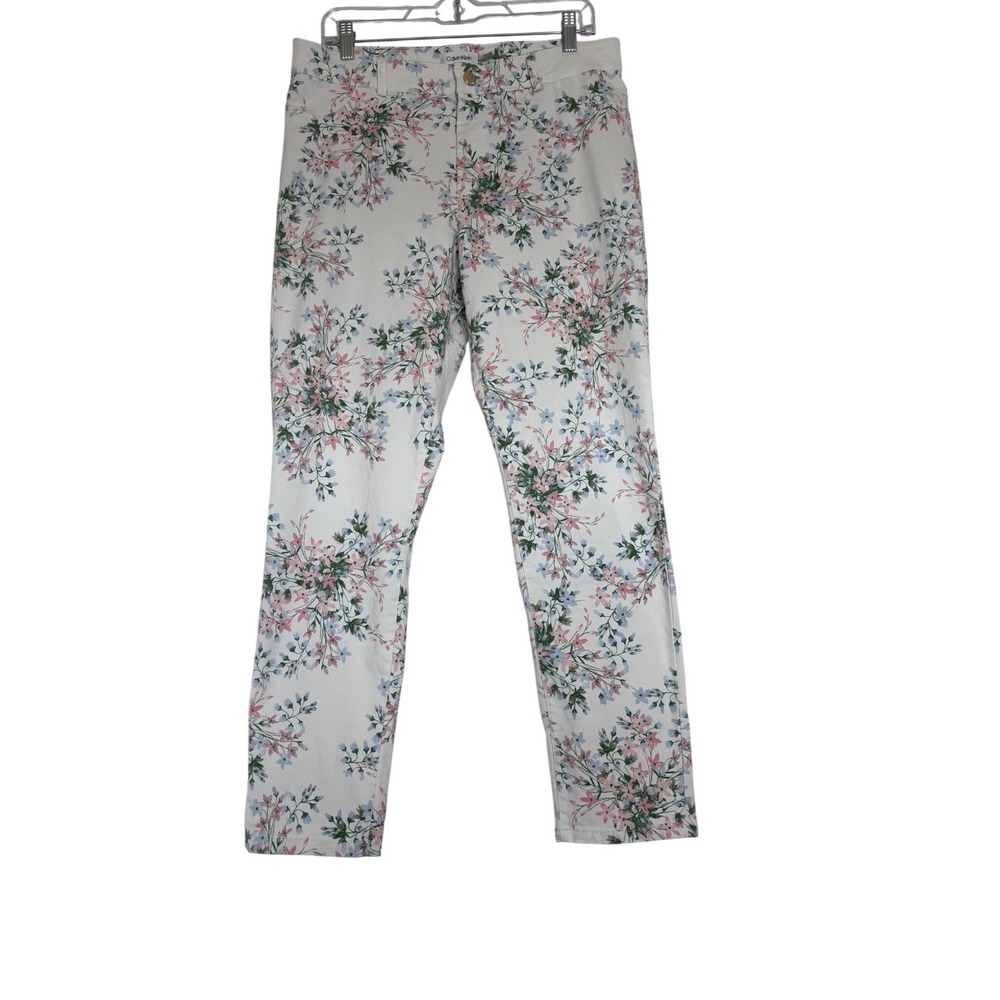 Calvin Klein Women Floral Print Slim Leg Pants White Pink Blue 12 Cottagecore
